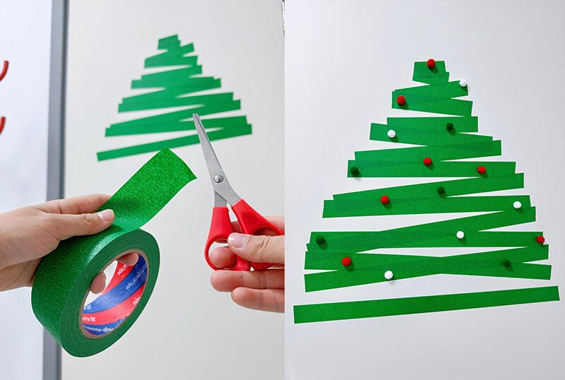 Party tape with green masking tape to make Christmas tree for party